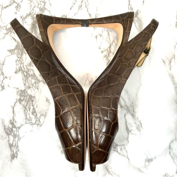 Chocolate 🍫 🐊 Croc Slingback Peep Toe Heels size 9W - Picture 3 of 5